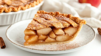 A slice of homemade apple pie on a plate, with the cinnamon-sugar filling oozing out, isolated on a white background for a comforting dessert scene.