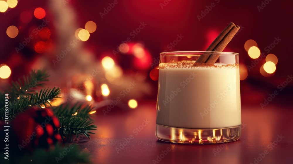 Poster eggnog in a glass with a cinnamon stick, placed on a mint table with a deep crimson backdrop and shi