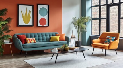 A spacious living room featuring a statement 1950s sofa and coordinating armchair, styled with vibrant cushions and a sleek coffee table, embodying the essence of mid-century modern aesthetics.