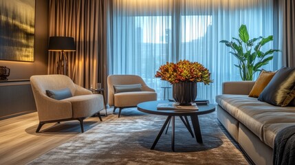 Fototapeta premium A stylish living room with modern decor, highlighting luxurious, textured curtains that gently drape beside a cozy seating area, creating an inviting atmosphere perfect for relaxation.