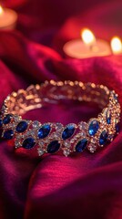 Obraz premium Elegant sapphire-studded bracelet on a rich crimson velvet cloth, with a crimson-to-silver gradient background and gentle candlelight effects, Copy space, happy Diwali background, traditional,