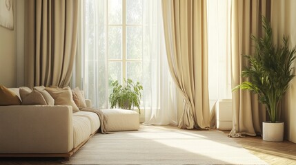 A stylish living room with modern decor, highlighting luxurious, textured curtains that gently drape beside a cozy seating area, creating an inviting atmosphere perfect for relaxation.