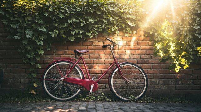 A vintage red bicycle leaning against a brick wall covered in ivy, with soft sunlight filtering through, evoking a nostalgic, timeless feeling.
