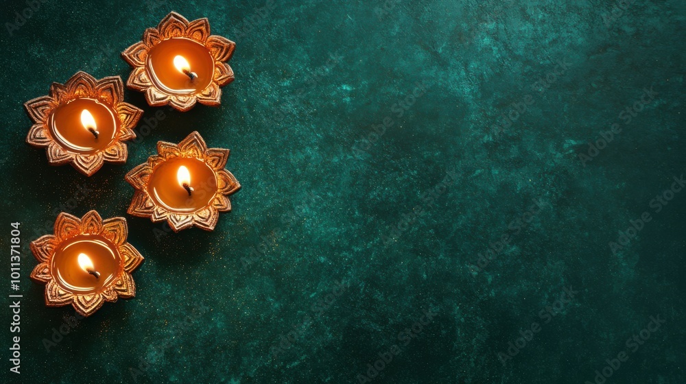 Poster four diyas arranged in a square, placed on a deep emerald green backdrop with shimmering glitter and