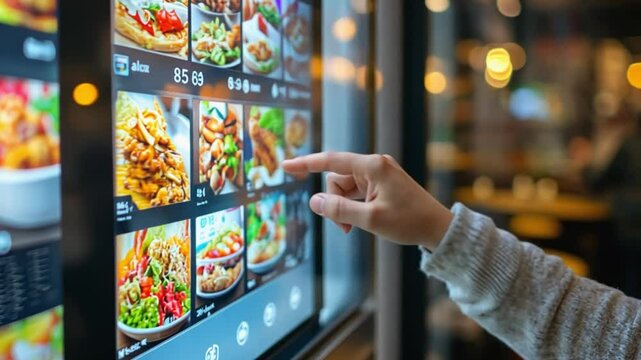 Woman choosing food from digital menu on interactive screen in fast food restaurant