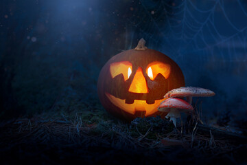 A single jack-o'-lantern illuminates the dark forest, creating an eerie Halloween atmosphere with...