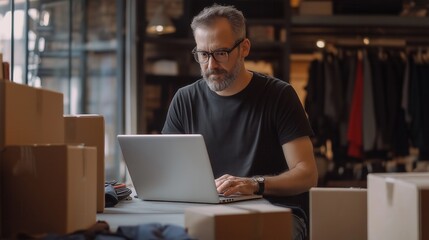 Focused Small Business Owner Man Working on Laptop Surrounded by Boxes in Store Setting