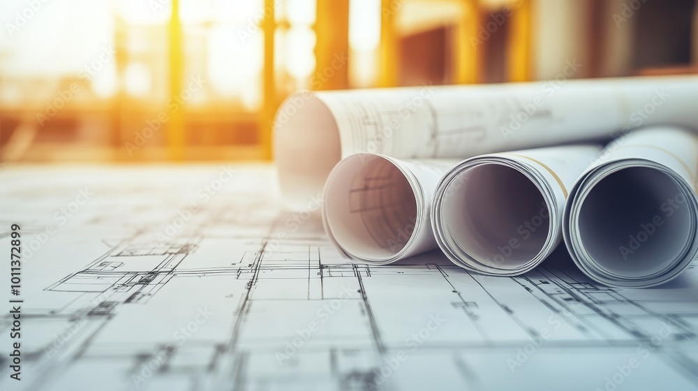 Aufkleber construction blueprints rolled up on table at a building site with warm sunlight in the background.