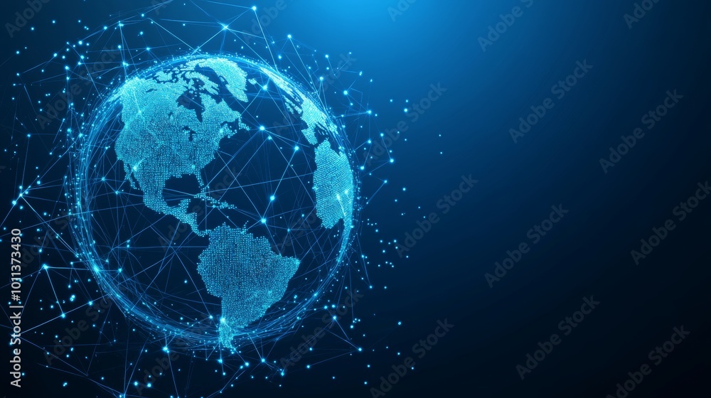Poster digital networked globe, global communications. world connectivity, data exchange visualization.