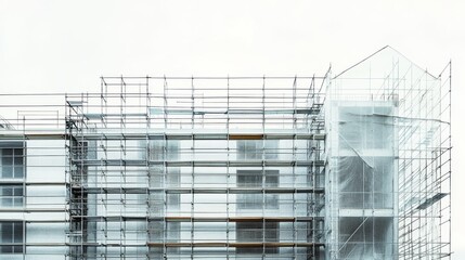 Construction Site Featuring Scaffolding Around a Residential Building on a Cloudy Day