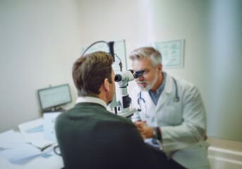 A doctor examines a patient's eye with an ophthalmoscope.