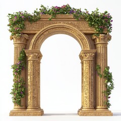 Naklejka premium Ancient Stone Archway Adorned With Vines and Flowers Surrounded by a Bright Background