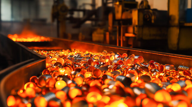 Metal cans being melted down for recycling in a production facility. The cans are fed into a large furnace, The melting process recycling metal for reuse in manufacturing