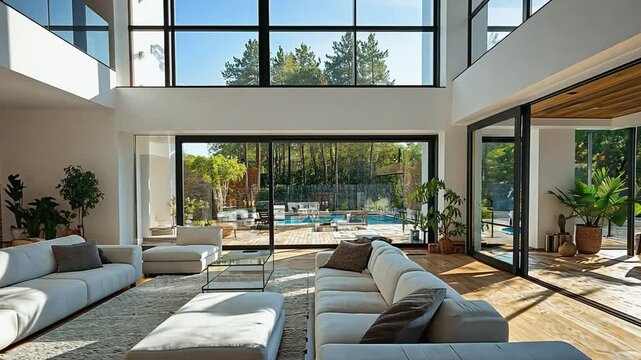 Modern open plan living room overlooking back yard with swimming pool