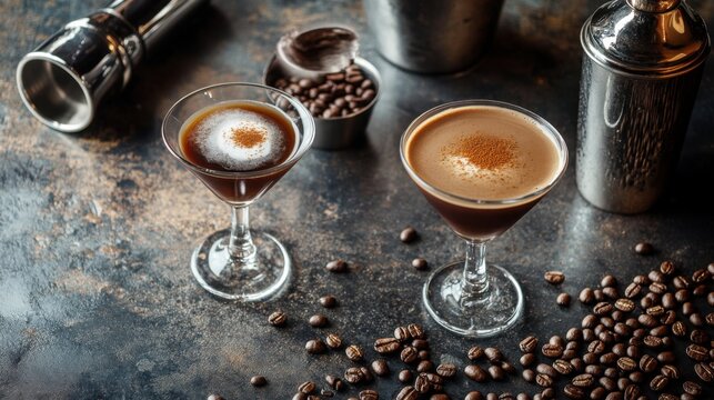 Artistic flat lay of coffee-inspired cocktails, like espresso martinis, arranged on a vintage bar counter with beans and cocktail shakers.