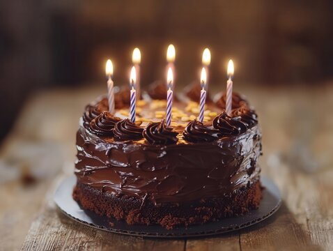 A delicious chocolate birthday cake with candles glowing on top