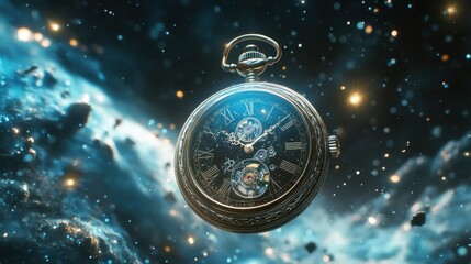 Old pocket watch suspended in space, with cosmic dust and distant galaxies reflecting in its glass, as it ticks away in the vast emptiness.