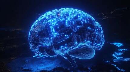 Wireframe 3D brain with circuits and chips integrated into its structure, glowing in neon blue--great for AI and machine learning promotional materials.