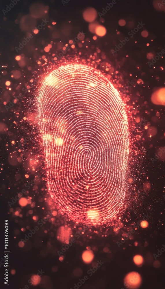 Poster glowing red fingerprint on a dark background with sparkling particles, security concept.