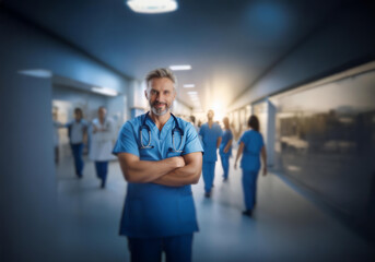 Fototapeta premium A smiling doctor wearing blue scrubs and a stethoscope stands in a hospital hallway.
