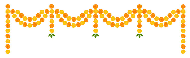 Yellow orange marigold flowers. Indian traditional floral festive garland toran. Zendu flowers isolated on background Party decor. Diwali, Halloween Dia de los Muertos holiday. Vector illustration © tabitazn