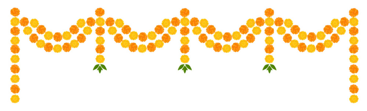 Yellow orange marigold flowers. Indian traditional floral festive garland toran. Zendu flowers isolated on background Party decor. Diwali, Halloween Dia de los Muertos holiday. Vector illustration