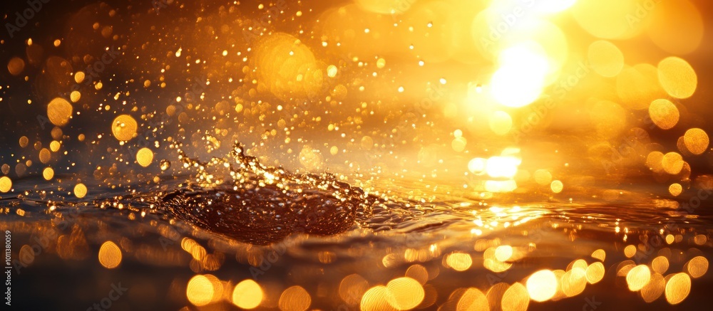Poster water droplets splashing in the sun, creating beautiful golden bokeh effect.