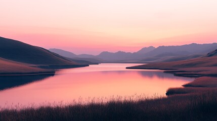 Sunset Reflections on a Tranquil Lake Surrounded by Mountains and Rolling Hills