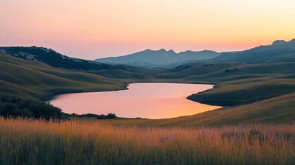 Tranquil Sunset Over a Serene Lake Surrounded by Rolling Hills and Mountains