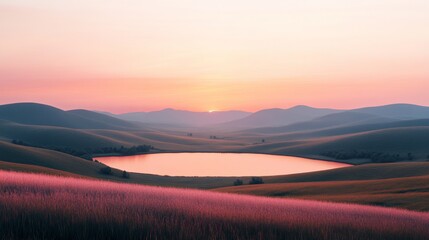 Fototapeta premium A Serene Sunset Over a Calm Lake Surrounded by Rolling Hills and Vibrant Wildflowers in Summer