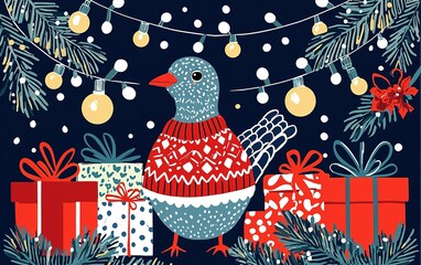 A festive bird in a cozy sweater stands among colorful gifts and sparkling lights during a cheerful holiday celebration
