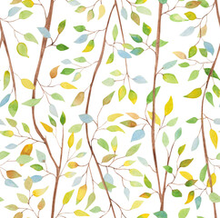 Autumn seamless pattern on a white background featuring colorful hand-drawn foliage. Ideal for fall wallpaper, fabric, and wrapping paper designs.