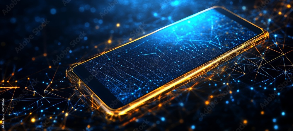 Poster smartphone on glowing abstract polygonal network, digital communication and technology background