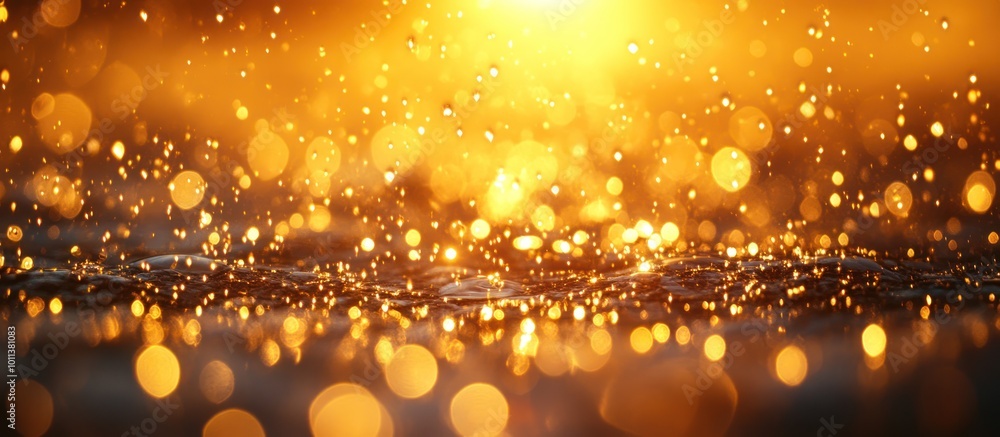 Poster abstract bokeh of golden light reflecting on the surface of water with splashes of droplets.