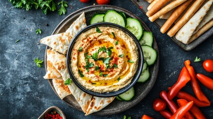 Hummus dip with pita bread, cucumbers, and red pepper slices on a black plate.