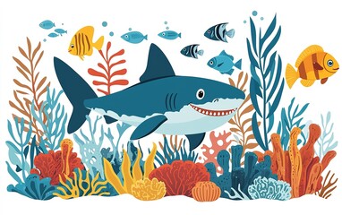 Naklejka premium A vibrant underwater garden filled with colorful marine life featuring a playful shark among lively fish and corals