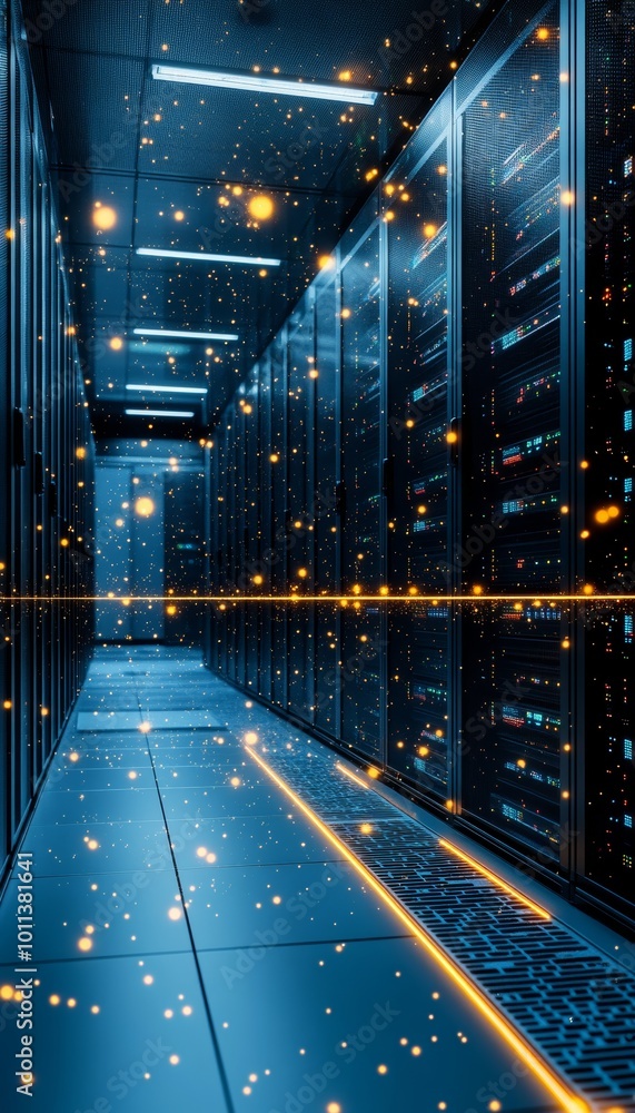 Poster modern data center with rows of network servers, big data technology and cloud computing