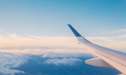 Obraz premium Airplane Wing Above Snowy Mountains During Sunset With Clear Blue Sky