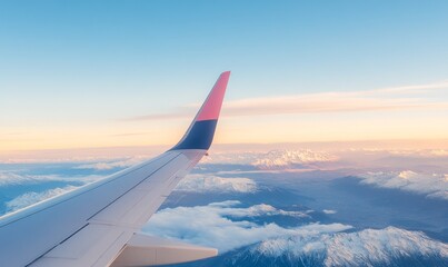 Obraz premium Airplane Wing View Over Snow-Capped Mountains at Sunrise