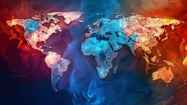 A stylized world map with regions in fiery orange and cool blue tones, representing contrasting elements.