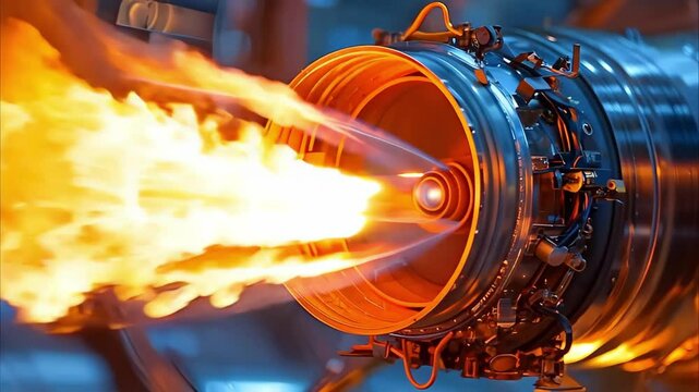 A close-up of a jet engine with flames being expelled from the nozzle, showcasing the technology behind jet propulsion.