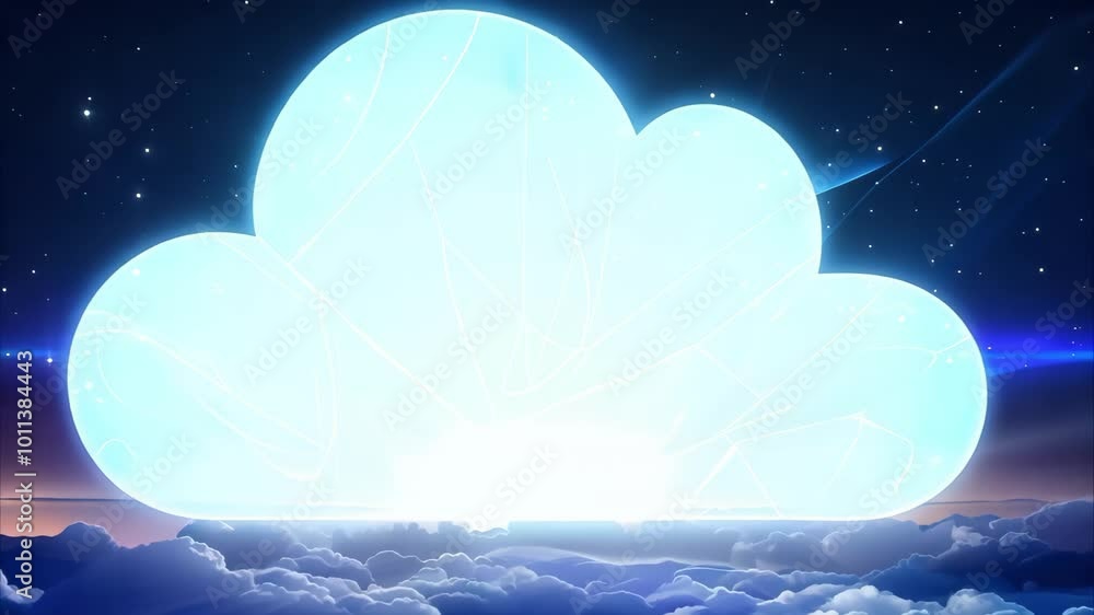 Poster a glowing cloud against a starry sky, with soft clouds below and a gradient of colors in the backgro