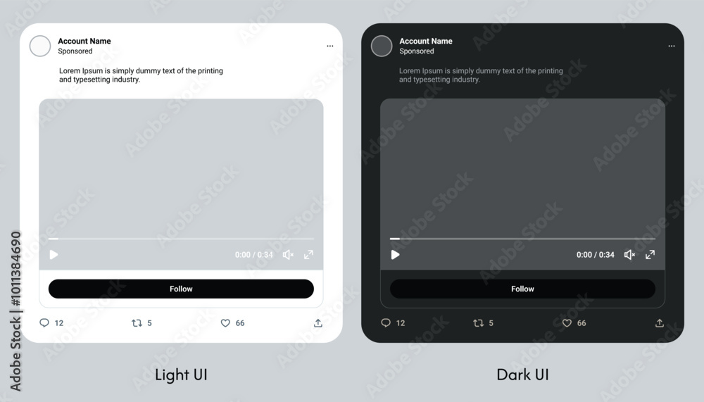 Poster twitter social media post template mockup in dark and light mode. user interface with media content.