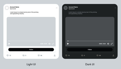 Twitter Social media post template mockup in Dark and Light mode. User interface with media content. 