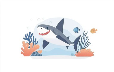Obraz premium A playful shark swims through vibrant coral reefs surrounded by lively fish in a serene underwater habitat