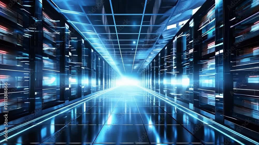 Poster a futuristic data center with illuminated server racks and a bright light at the end of a glossy cor