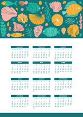 Illustrated 2025 calendar. Week starts on Sunday. Sea life themed, fishes, seaweeds and underwater elements. Vector design template, ready to print.