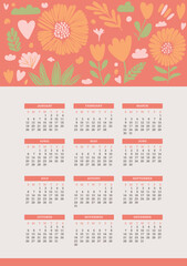 
Illustrated 2025 calendar. Week starts on Sunday. Cute flowers, hearts and clouds drawings. Vector design template, ready to print.