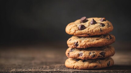 Stack of four chocolate chip cookies on rustic wooden surface.