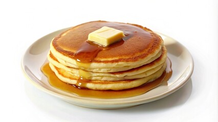 A stack of three golden brown pancakes topped with melted butter and drizzled with maple syrup on a white plate.